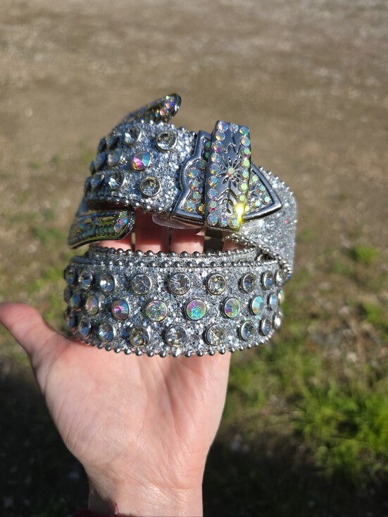 Silver Flower Buckle Rhinestone Belt New Western Rodeo Belt Small main image 5